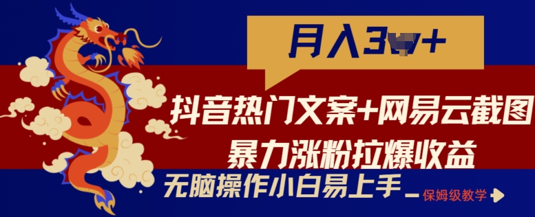 抖音热门文案+网易云截图暴力涨粉拉爆收益玩法，小白无脑操作，简单易上手【揭秘】-小柒笔记