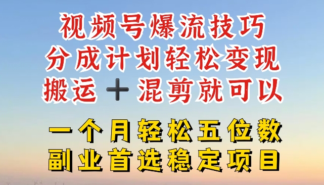 视频号爆流技巧，分成计划轻松变现，搬运 +混剪就可以，一个月轻松五位数稳定项目【揭秘】-小柒笔记