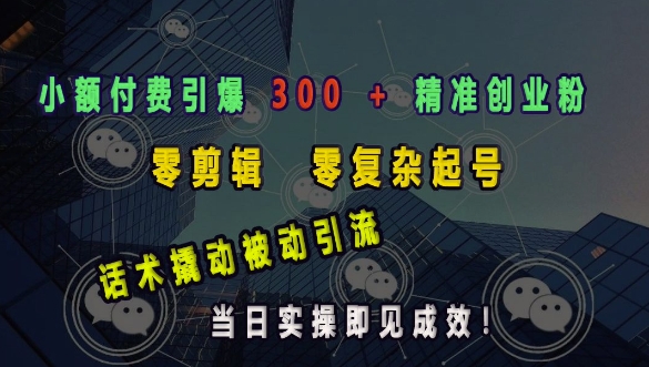 小额付费引爆 300 + 精准创业粉，零剪辑、零复杂起号，话术撬动被动引流，当日实操即见成效-小柒笔记